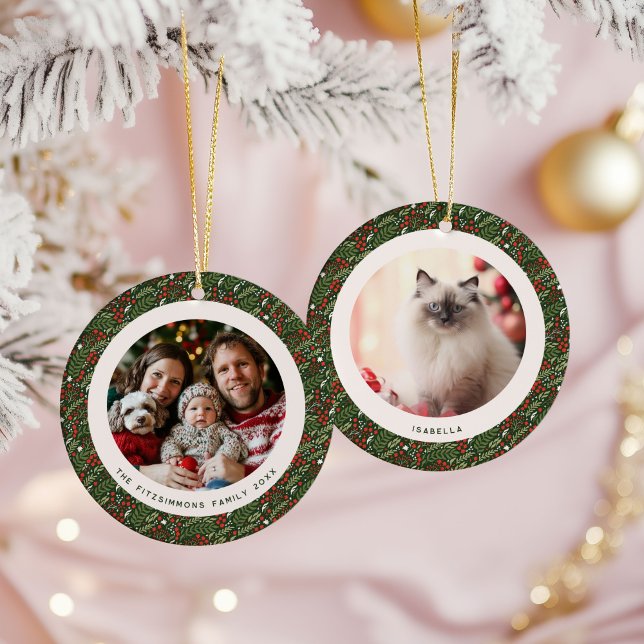 Modern Christmas Holly Foliage 2 Photos Ceramic Tree Decoration (Holly Leaf Christmas 2 photos ornament)