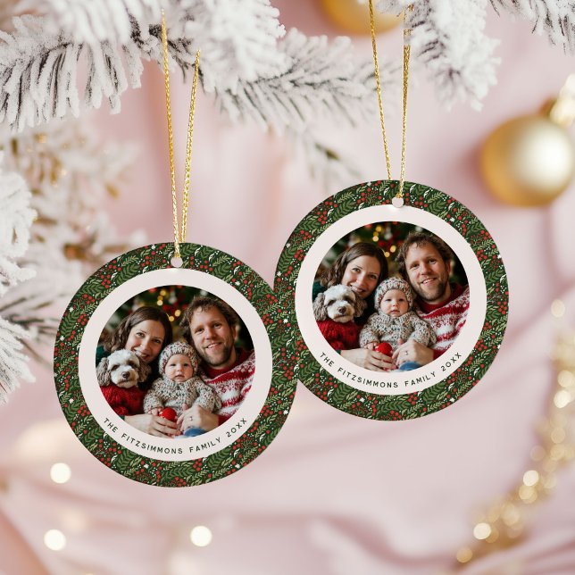 Modern Christmas Holly Foliage 2 Sided Photo Ceramic Tree Decoration (Holly Leaf Christmas doubled sided photo ornament)