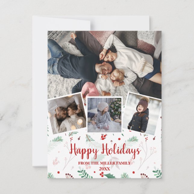 Modern Christmas Holly multi photo collage Holiday Card (Front)