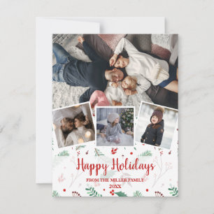 Modern Christmas Holly multi photo collage Holiday Card