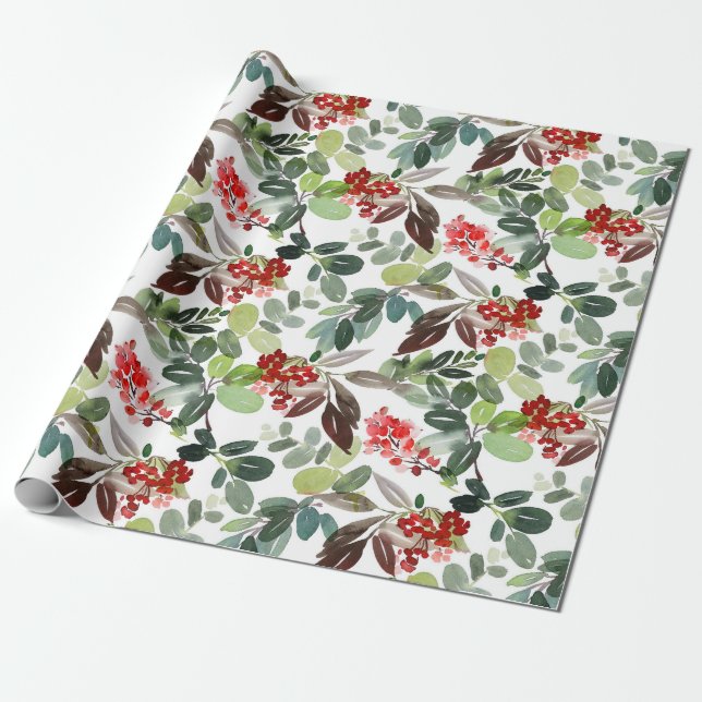 Modern Christmas Holly Pattern Wrapping Paper (Unrolled)