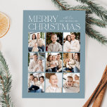 Modern Christmas Icy Blue 9 Photo Collage Holiday Card<br><div class="desc">Modern Christmas photo card featuring "Merry Christmas" displayed at the top of the design in trendy white lettering with an icty blue background. A photo collage of 9 photos is shown below in a grid-style layout. Personalise the multi-photo Christmas card with your family name. The card reverses to display a...</div>