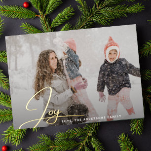 Modern Christmas JOY Hand Lettering Family Photo Foil Holiday Card
