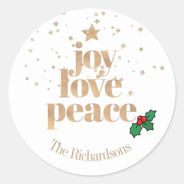 Modern Christmas "Joy, Love, Peace" Gold Classic R Classic Round Sticker (Front)