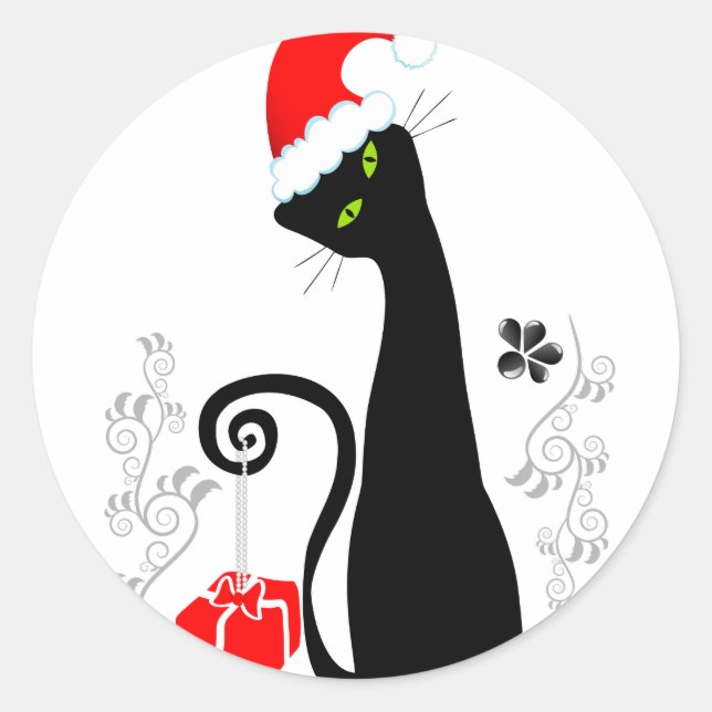 Modern Christmas Kitty Classic Round Sticker (Front)