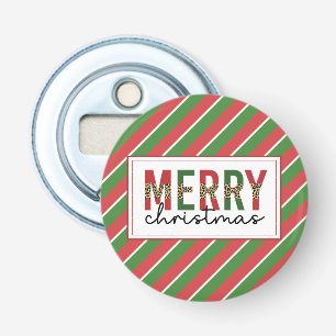 Modern Christmas Leopard Print Red Green Stripes Bottle Opener