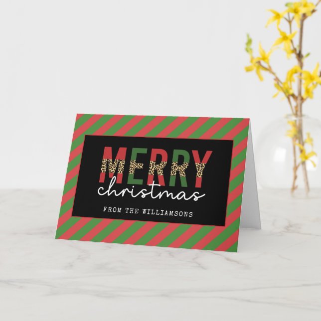 Modern Christmas Leopard Print Red Green Stripes Card (Yellow Flower)