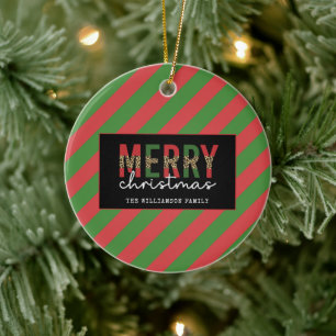 Modern Christmas Leopard Print Red Green Stripes Ceramic Tree Decoration