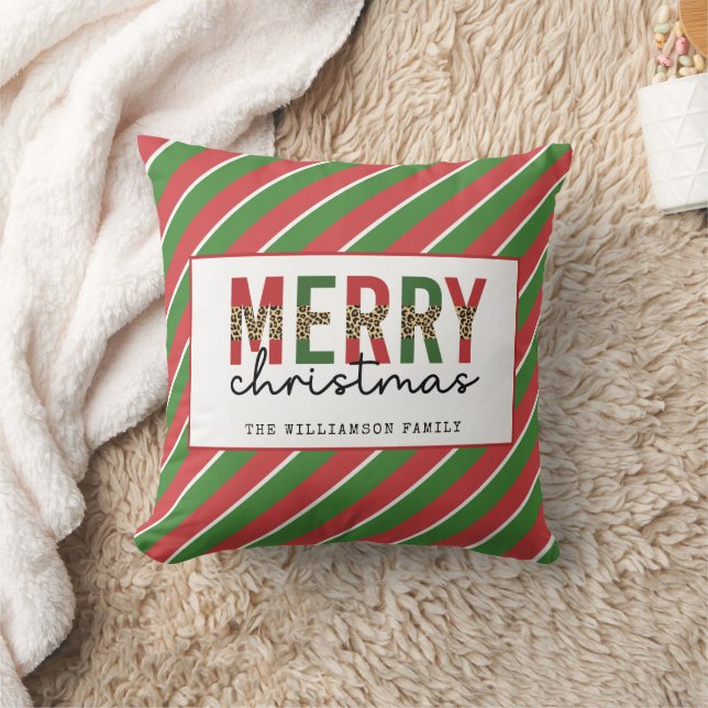 Modern Christmas Leopard Print Red Green Stripes Cushion (Blanket)