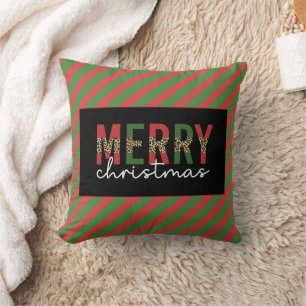 Modern Christmas Leopard Print Red Green Stripes Cushion