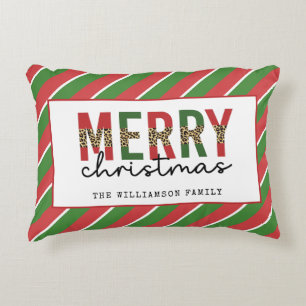 Modern Christmas Leopard Print Red Green Stripes Decorative Cushion