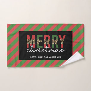 Modern Christmas Leopard Print Red Green Stripes Hand Towel