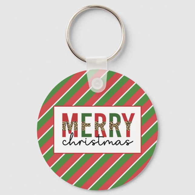 Modern Christmas Leopard Print Red Green Stripes Key Ring (Front)