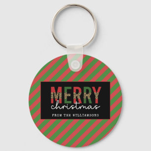 Modern Christmas Leopard Print Red Green Stripes Key Ring