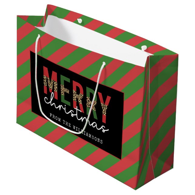Modern Christmas Leopard Print Red Green Stripes Large Gift Bag (Front Angled)