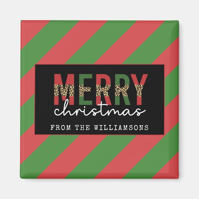 Modern Christmas Leopard Print Red Green Stripes Magnet (Front)