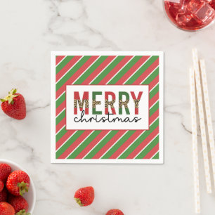 Modern Christmas Leopard Print Red Green Stripes Napkin