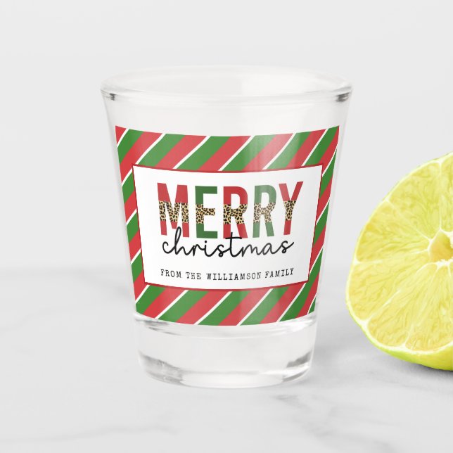Modern Christmas Leopard Print Red Green Stripes Shot Glass (Front)