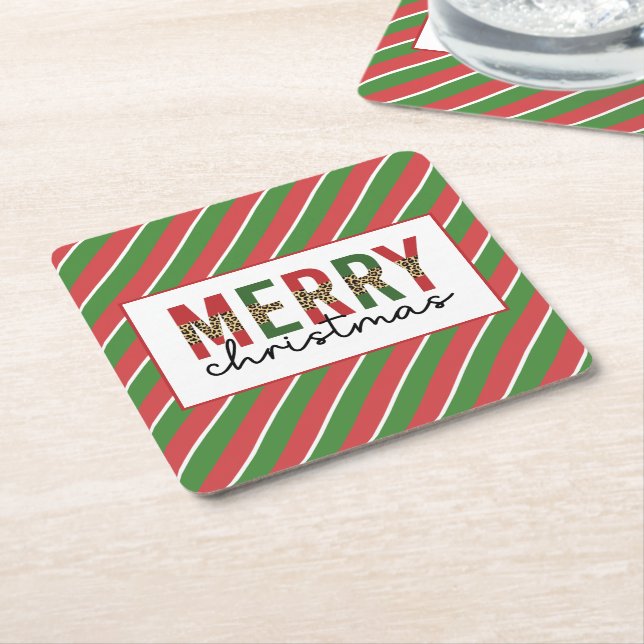 Modern Christmas Leopard Print Red Green Stripes Square Paper Coaster (Angled)