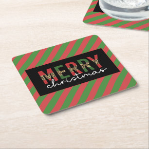 Modern Christmas Leopard Print Red Green Stripes Square Paper Coaster