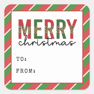 Modern Christmas Leopard Print Red Green Stripes Square Sticker