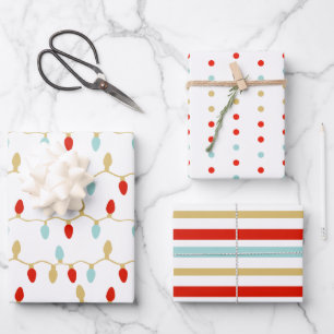 Modern Christmas Lights Polka Dots & Stripes Wrapping Paper Sheet