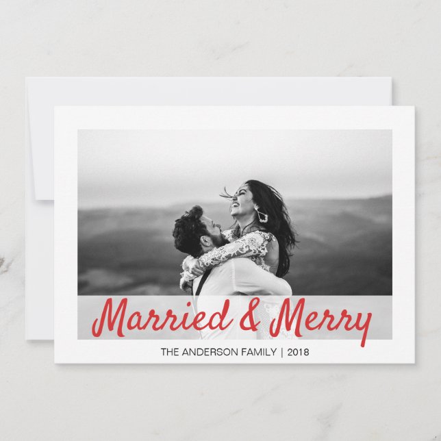 Modern Christmas Married and Merry Thank You Photo Holiday Card (Front)