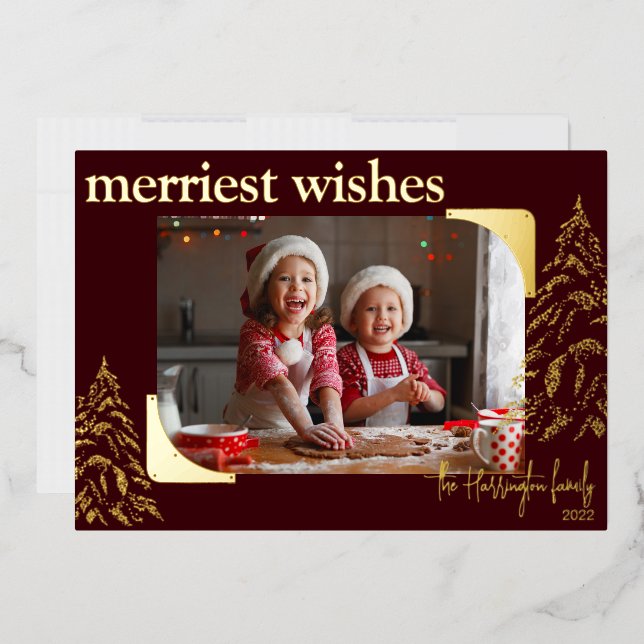 Modern Christmas Merriest Wishes | Photo Metallic Foil Holiday Card (Envelope)