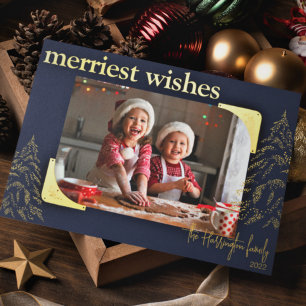 Modern Christmas Merriest Wishes   Photo Metallic  Foil Holiday Card