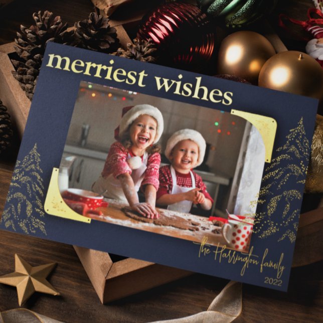 Modern Christmas Merriest Wishes | Photo Metallic  Foil Holiday Card (Creator Uploaded)