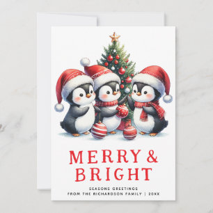 Modern Christmas Merry and Bright Cute Penguins Holiday Card