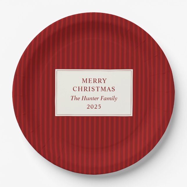 Modern Christmas Minimal Holiday Red Stripes Paper Plate (Front)