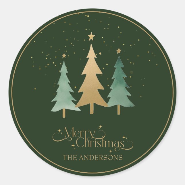 Modern Christmas Minimalist Pine Trees Green Classic Round Sticker (Front)