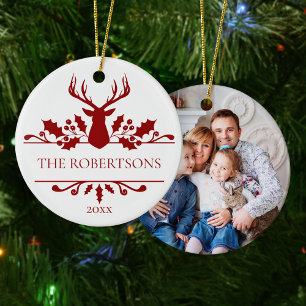 Modern Christmas Monogram Family Photo Ceramic Tree Decoration