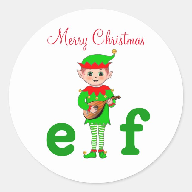 Modern Christmas Musical Elf on White  Classic Round Sticker (Front)