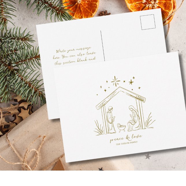 Modern Christmas Nativity peace love religious  Postcard (modern elegant gold peace love Christmas Nativity holiday personalized custom postcard )