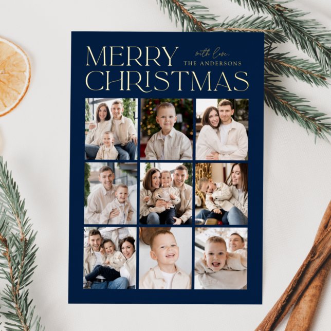 Modern Christmas Navy 9 Photo Collage Foil Holiday Card (Creator Uploaded)