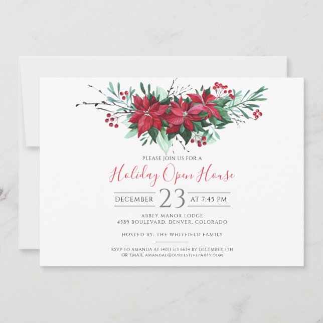 Modern Christmas Open House Floral Invitation (Front)
