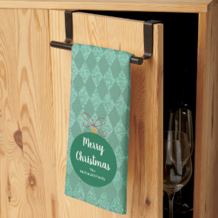 Modern Christmas ornament family name green Tea Towel