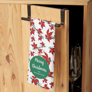 Modern Christmas ornament family name red floral Tea Towel