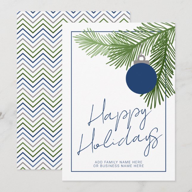 Modern Christmas Ornament - Green - Navy Non Photo Holiday Card (Front/Back)