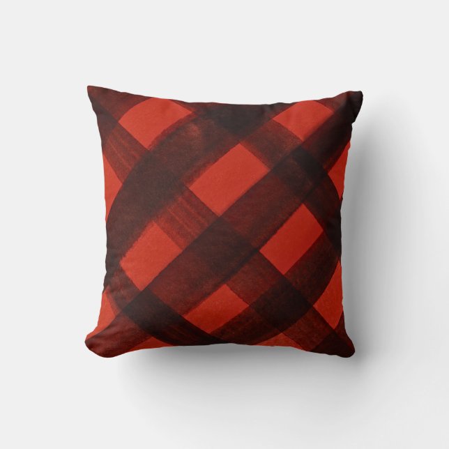 Modern Christmas Painted Red Black Plaid Tartan Cushion (Front)