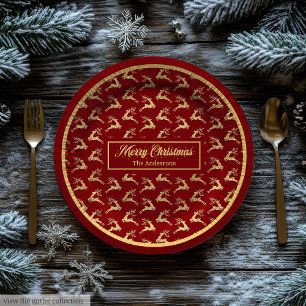 Modern Christmas Paper Plates Red & Gold Reindeer