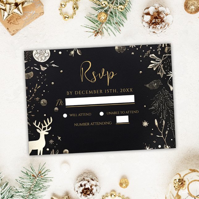 Modern Christmas Party Black Gold Festive Holiday RSVP Card (Modern Christmas Party Black Gold Festive Holiday RSVP Card)