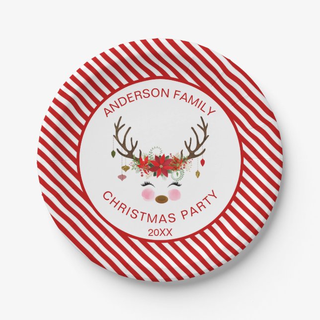 Modern Christmas Party Personalised Reindeer Paper Plate (Front)