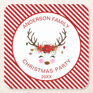 Modern Christmas Party Personalised Reindeer Square Paper Coaster