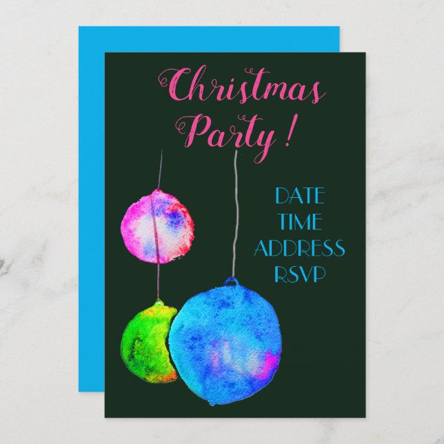 Modern Christmas party pink and blue baubles Invitation (Front/Back)