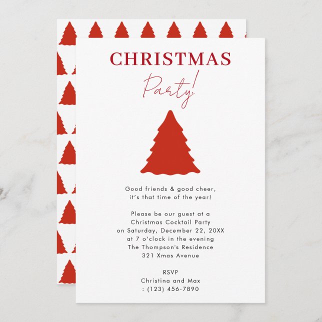 Modern Christmas Party Red Xmas Tree  Invitation (Front/Back)