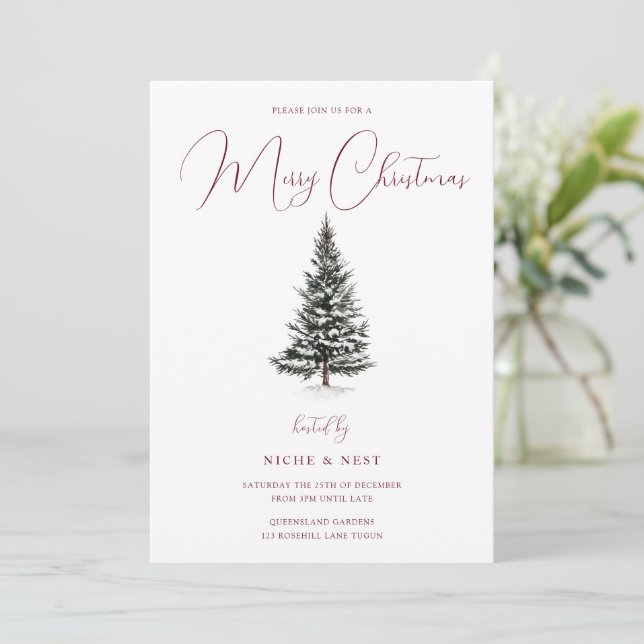 Modern Christmas Party Snowy Christmas Tree Invitation (Standing Front)