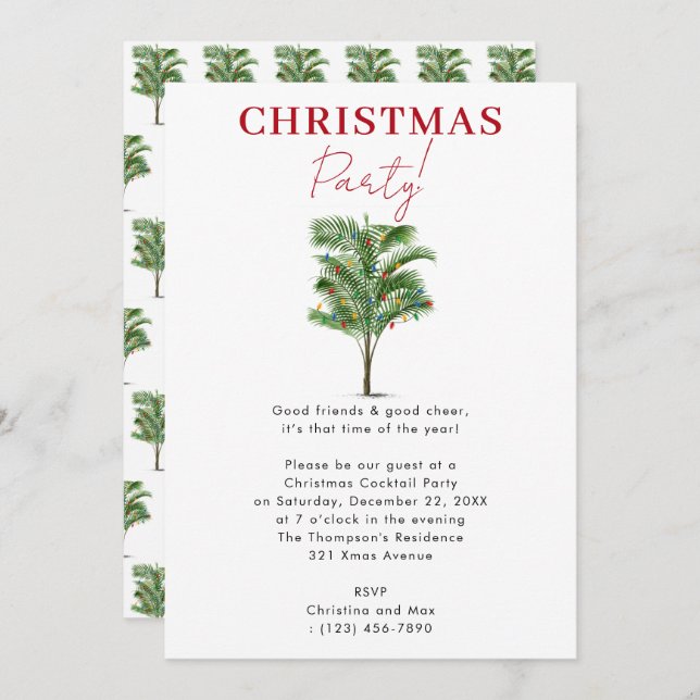 Modern Christmas Party Tropical Palm Tree Invitation (Front/Back)